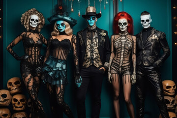 Halloween party. Male and female models with masks and face paint in spooky costumes.