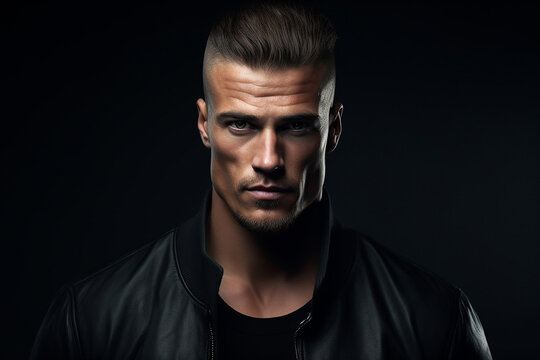 AI Generative brutal man on a dark background in a leather jacket, looking at the camera