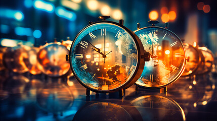 Multiple clocks set to different global time zones, highlighting international business hours - obrazy, fototapety, plakaty