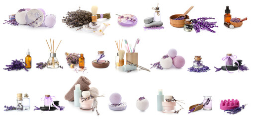 Set of spa supplies with lavender on white background - obrazy, fototapety, plakaty