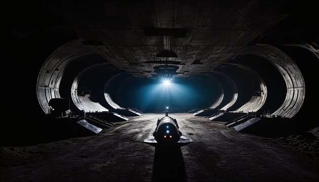 wide angle photo of underground military base with flying space ship and blue light, generative AI