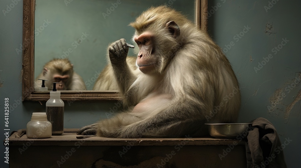 Poster a monkey is brushing his teeth in front of a mirror. generative ai