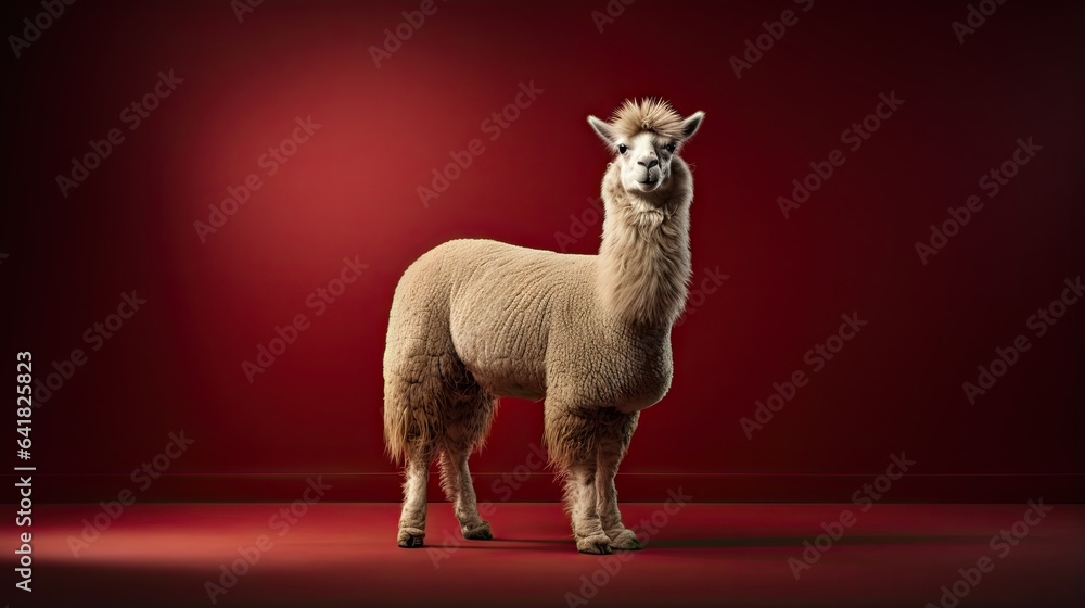 Poster a llama standing in a red room with a red background. generative ai