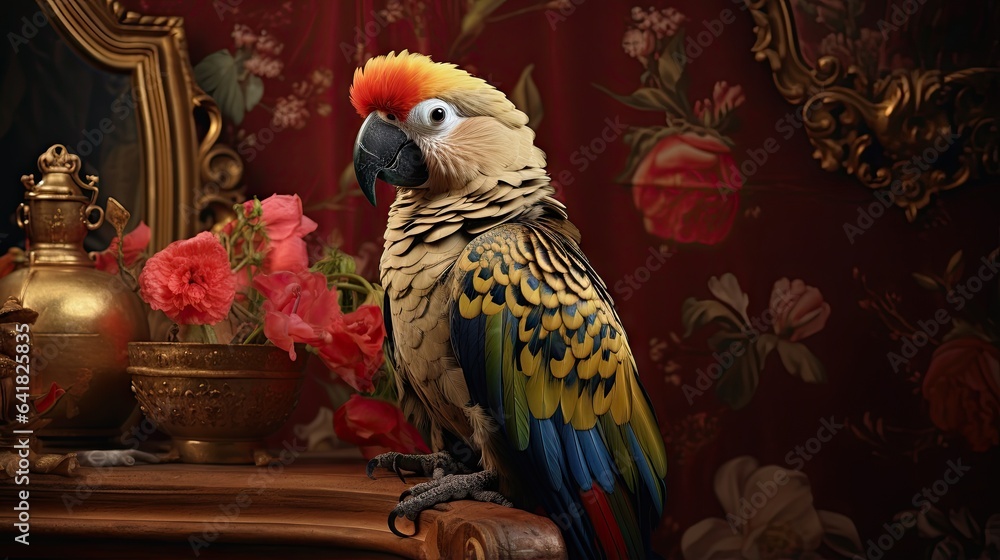 Poster a parrot sitting on top of a wooden table next to a mirror, with a flower vase and other objects on 