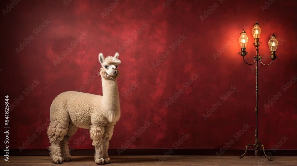 Poster an alpaca standing in front of a red wall, illuminated by a lamp on a stand the background is slight