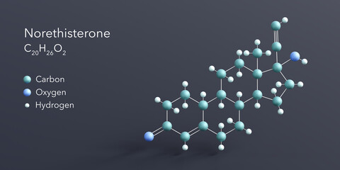 norethisterone molecule 3d rendering, flat molecular structure with chemical formula and atoms color coding