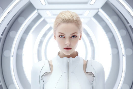 A woman in a white bodysuit standing in a tunnel created with Generative AI technology