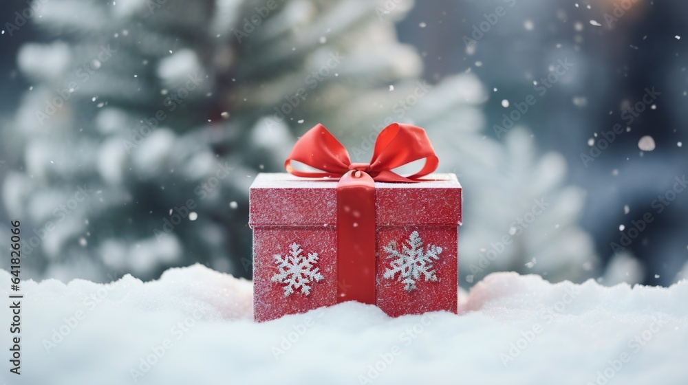 Poster a red gift box with a red bow in the snow. generative ai