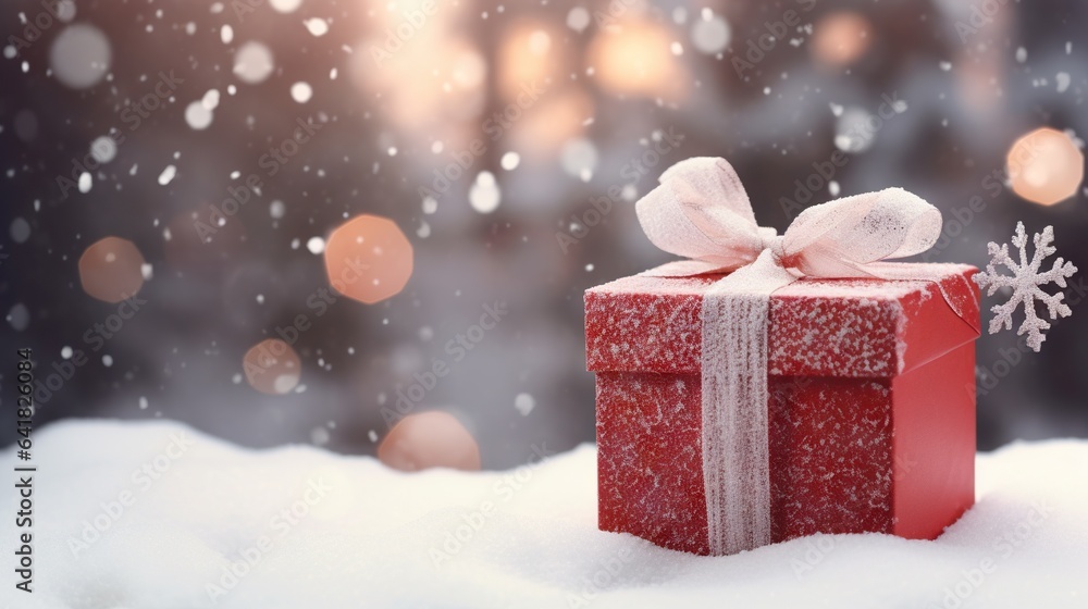 Poster a red gift box with a white ribbon and a snowflake. generative ai