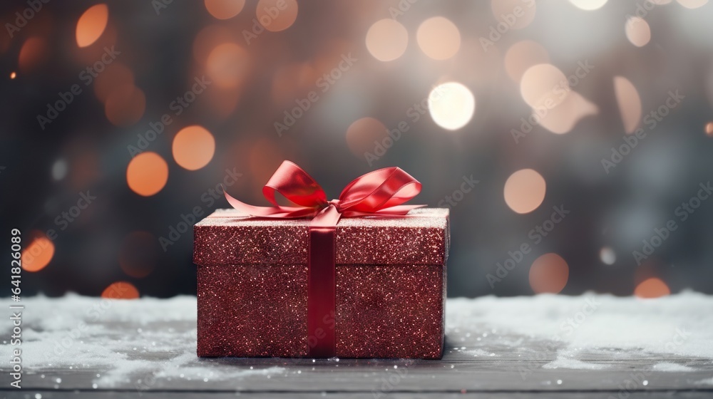 Poster a red gift box with a red bow on a table. generative ai