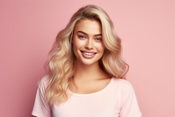 ai generative, smiling blonde girl on pink background