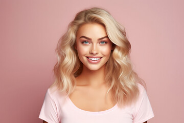 ai generative, smiling blonde girl on pink background