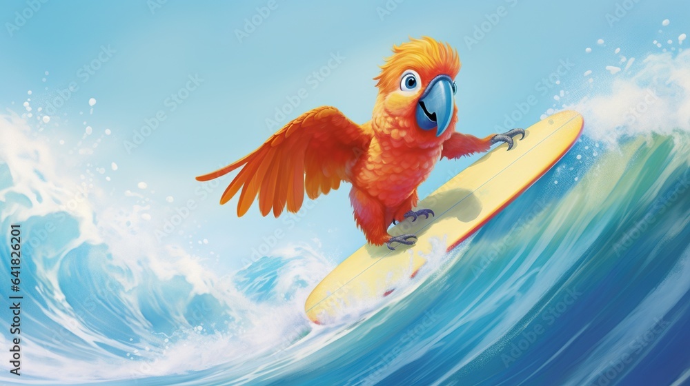 Poster a bird is riding a surfboard on a wave in the ocean. generative ai