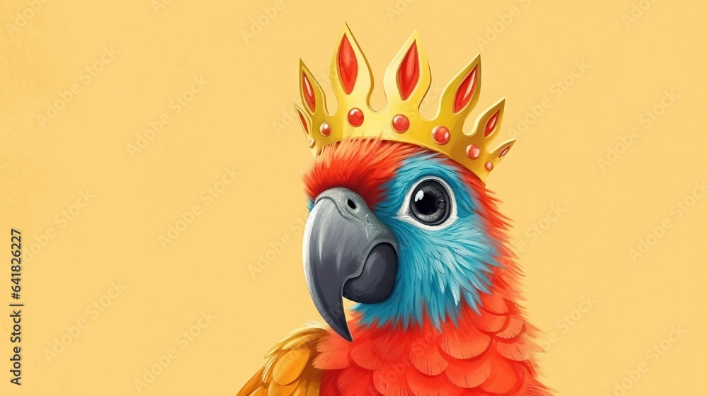 Poster a colorful bird with a crown on its head is standing in front of a yellow background. generative ai