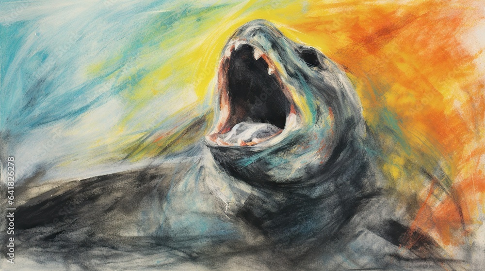 Poster a drawing of a seal with its mouth open and a sun in the background. generative ai