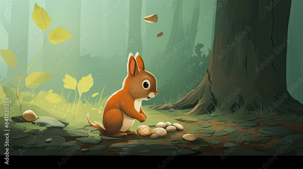 Poster a squirrel sitting in the middle of a forest surrounded by rocks. generative ai