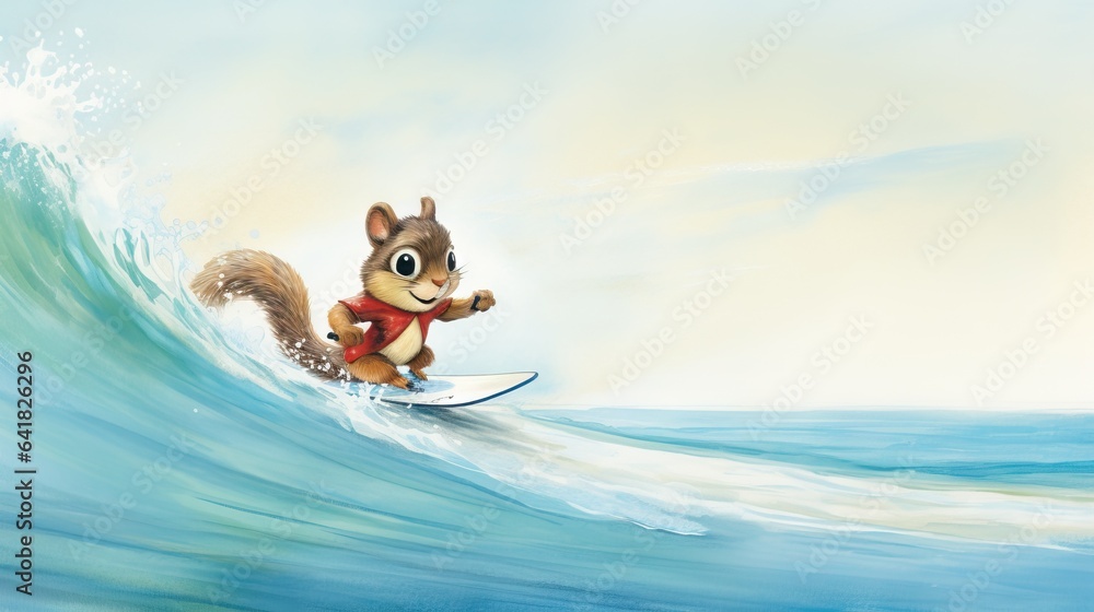 Poster a squirrel riding a wave on top of a surfboard. generative ai