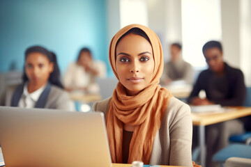 Generative AI illustration of business ethnic woman with traditional clothes covering head looking at camera while sitting at table in front of laptop against blurred workers in illuminated room