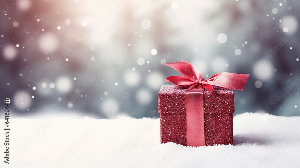 Poster a red gift box with a red bow on a snowy surface. generative ai