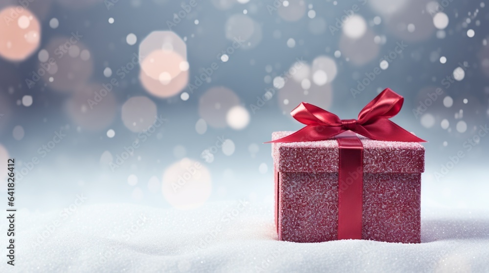 Poster a red gift box with a red bow on a snowy surface. generative ai