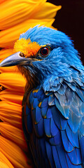 Obraz premium Blue Bird with Orange Crest Amidst Sunflowers,bird on a branch