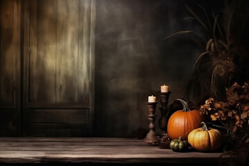 Pumpkins and festive garland lights on dark wooden background.  illustration For Halloween night, autumn, fall holidays celebration concept