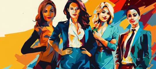 Illustration with a businesswoman and her team, stylish art of successful women.