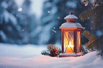 Christmas Lantern On Snow With Fir Branch
