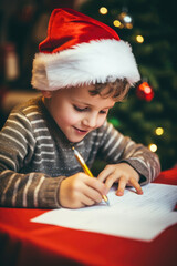 Boy writing a letter to Santa Claus . Generative AI