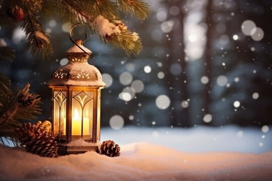 Fairytale lantern in the snowy forest under the Christmas tree
