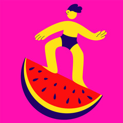 Naklejka premium A guy slides on a watermelon slice.