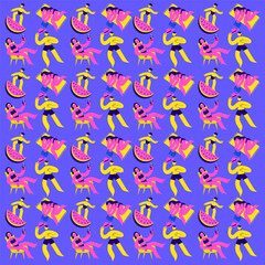 pattern people in bathing suits relaxing on the beach of vector flat isolated illustrations.