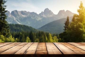 Wooden table terrace with Morning fresh atmosphere nature landscape.  illustration of wooden background for product placing