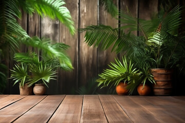 Fototapeta premium Wooden table terrace with Morning fresh atmosphere tropical landscape. illustration of wooden background for product placing