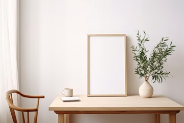 Home office concept. Old books, empty vertical wooden picture frame mockup hanging on white wall. Wooden desk, table. Vase with olive branches. Elegant space. Scandinavian interior, Generative AI
