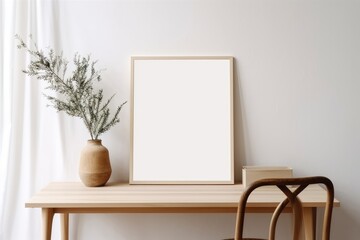 Home office concept. Old books, empty vertical wooden picture frame mockup hanging on white wall. Wooden desk, table. Vase with olive branches. Elegant space. Scandinavian interior, Generative AI