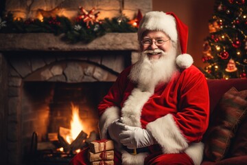 Santa Claus near the fireplace with gifts. Generative AI
