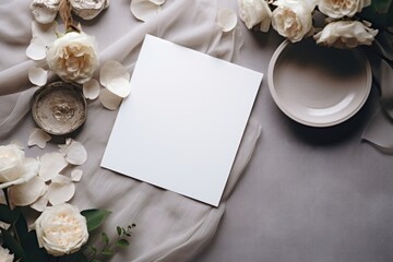 Moody wedding table mockup scene. Feminine desktop composition with fading white rose flowers, silver plate, silk ribbons, seal stamp, envelopes and blank greeting cards. Grey background.Generative AI - obrazy, fototapety, plakaty
