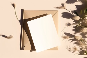 Modern summer stationery still life. Lagurus ovatus grassy foliage, craft envelope and long shadows. Blank greeting card mock up scene. Beige table background in sunlight. Flat lay, top, Generative AI