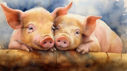 Water color painting of two pigs laying with their snou.Generative AI