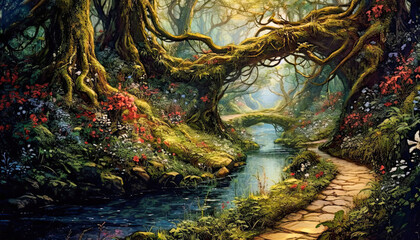 Naklejka premium tunnel of trees,green forest in the forest,Mystical Forest by the River,Conceptual Scene of a Forest