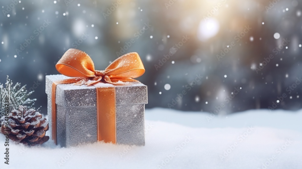Poster a present box with a bow and a pine cone on a snowy day. generative ai