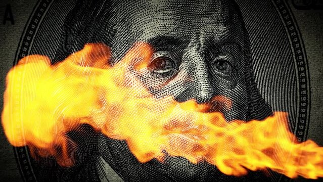 Smoothly darkening portrait of Benjamin Franklin with luminous eyes on a bill of 100 American dollars close-up with a jet of fire. The idea of a conspiracy theory. 4k conceptual slow motion video.