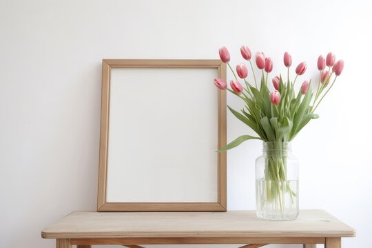 Blank wooden frame mockup. Spring bouquet of pink tulips and birch tree branches in glass vase Vintage console table in hall. Poster product design. Styled stock feminine photography. Generative AI