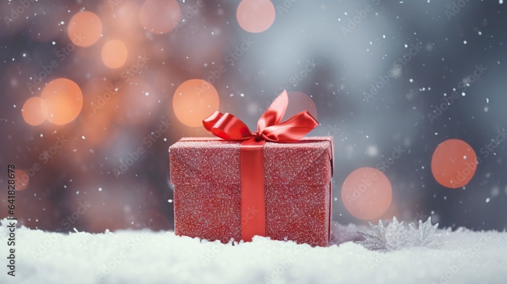 Poster a red gift box with a red bow on a snowy surface. generative ai