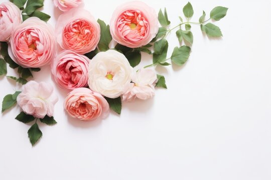 Floral arrangement, web banner with pink English roses, ranunculus, carnation flowers and green leaves on white table background. Flat lay, top view. Wedding or birthday styled stock, Generative AI