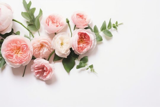 Floral arrangement, web banner with pink English roses, ranunculus, carnation flowers and green leaves on white table background. Flat lay, top view. Wedding or birthday styled stock, Generative AI