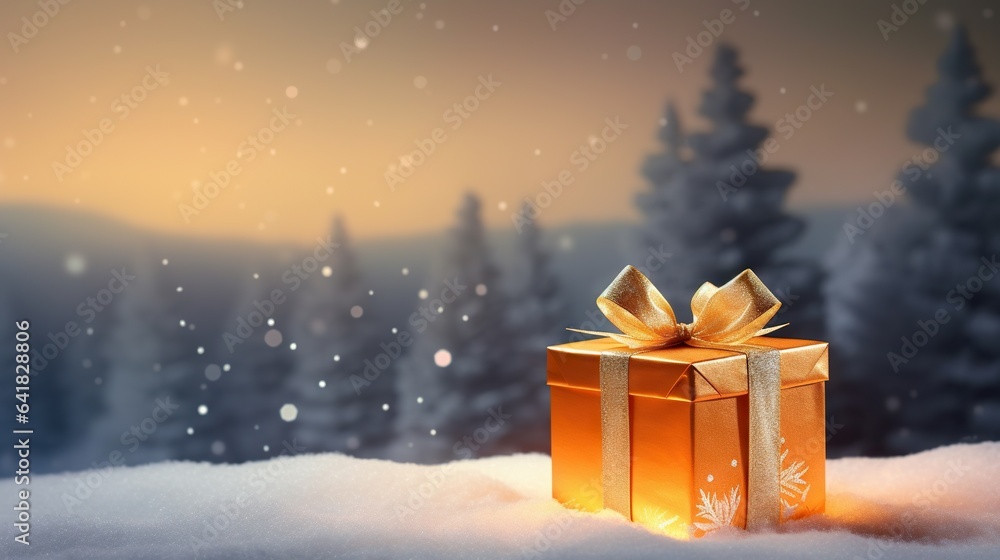 Poster a gift box in the snow with trees in the background, creating a blurred effect the gift box is in th