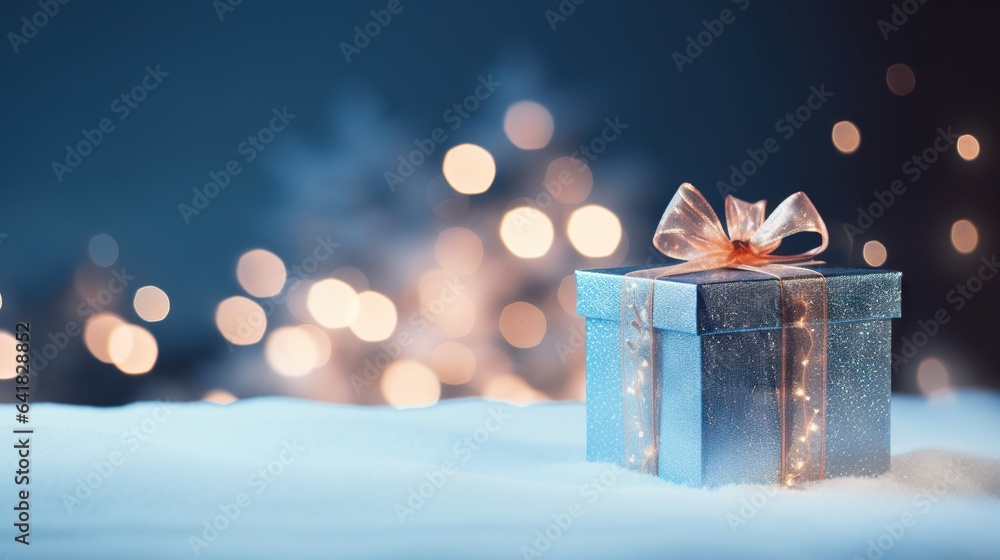 Poster a gift box with a bow on top of it in the snow. generative ai