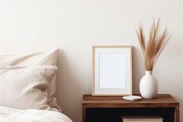 Portrait white frame mockup on retro wooden bedside table. Modern white ceramic vase with dry Lagurus ovatus grass and cup of coffee. Beige linen and velvet pillows in bedroom. Generative AI